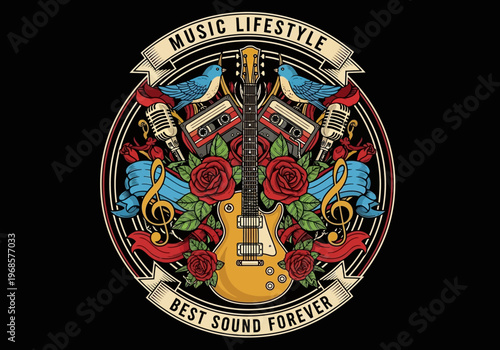 Vintage Music Lifestyle Badge with Electric Guitar, Roses, and Cassette Tapes - Retro Rock and Roll Emblem with Bluebirds and Microphones