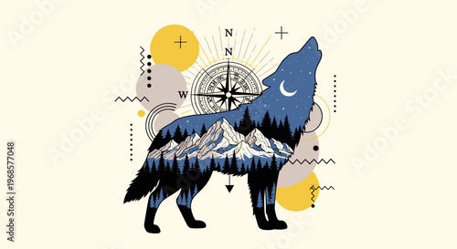 Celestial Wolf Silhouette Double Exposure Art with Mountains, Forest, and Compass Rose Geometric Illustration