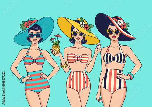 Vintage Pop Art Illustration of Three Fashionable Women in Retro High-Waisted Swimsuits and Sun Hats with a Pineapple Cocktail