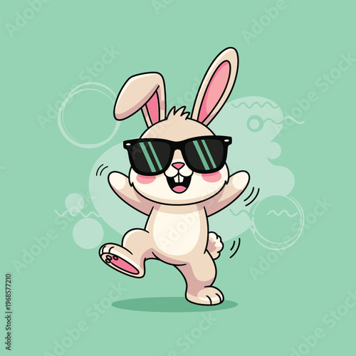 Cute Cartoon Bunny Wearing Sunglasses Dancing Happily.