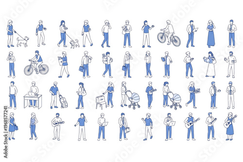 Bundle of Diverse Modern Characters in Everyday Situations Isometric Line Art Style, Blue Outline Figures Depicting Urban Professionals, Remote Workers, Social Interactions, and Daily Life Activities
