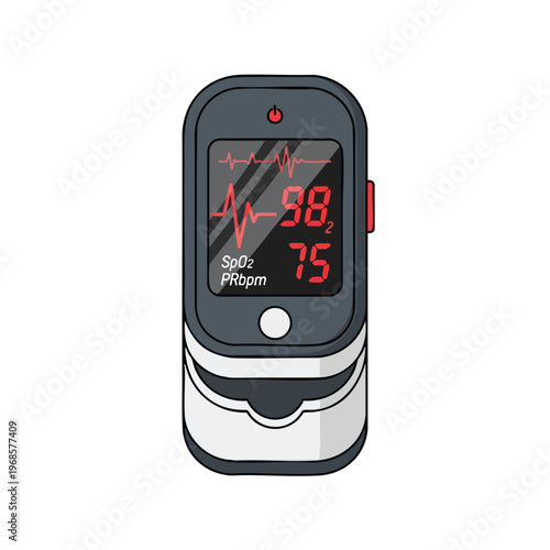 Digital fingertip pulse oximeter showing SpO2 98% and pulse rate 75 bpm