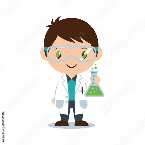 Cute Cartoon Scientist Boy Holding Flask with Green Bubbles