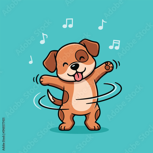 Cute cartoon dog dancing happily with music notes.