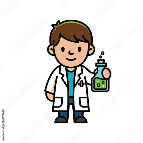 Cute Cartoon Scientist Holding Test Tube with Bubbling Green Liquid