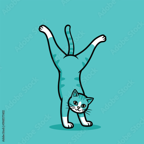 Cute cartoon cat doing a handstand on a teal background.
