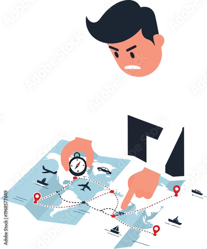 Angry man plans intricate travel routes on a world map with transportation.