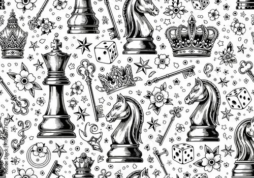 Vintage Chess Seamless Pattern with Crowns Keys and Dice in Traditional Tattoo Style Hand-Drawn Engraving Illustration
