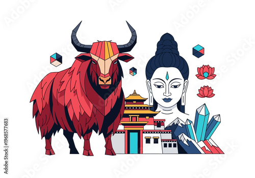 Modern Geometric Illustration of Himalayan Culture Featuring Red Yak, Buddha Head, Tibetan Monastery, and Sacred Lotus Symbols