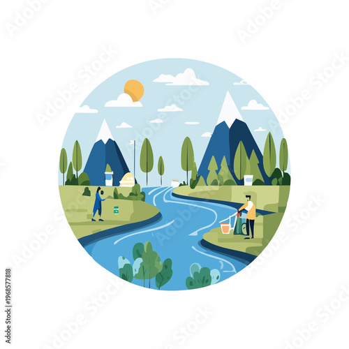 Dedicated community volunteers actively clean and restore a vital river ecosystem amidst serene mountains, fostering environmental sustainability and ecological balance for a healthier planet