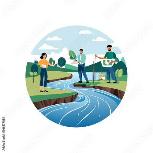 Community volunteers actively participate in environmental efforts, planting trees and promoting ecological conservation along a pristine river, fostering a sustainable future for nature