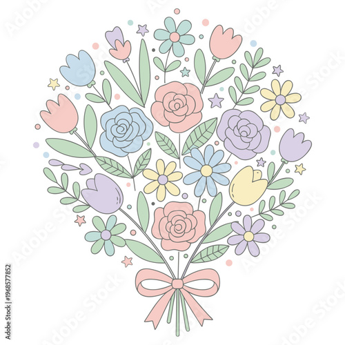 Elegant floral bouquet with soft pastel colors and decorative ribbon