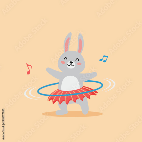 Cute cartoon bunny rabbit dancing with a hula hoop.