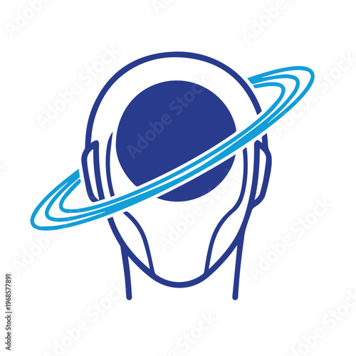 Abstract futuristic head logo with planetary rings, cosmic human silhouette vector icon