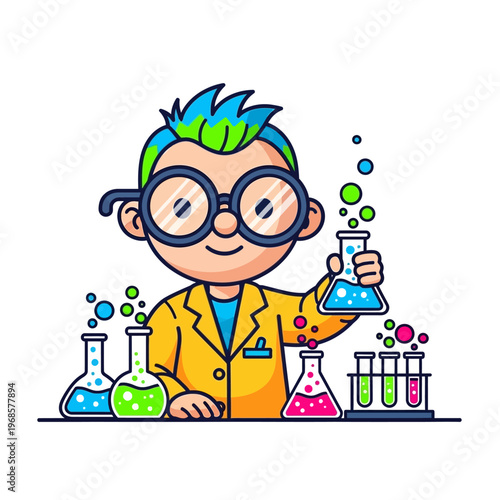 Happy Kid Scientist Mixing Colorful Liquids in Laboratory Beakers and Test Tubes