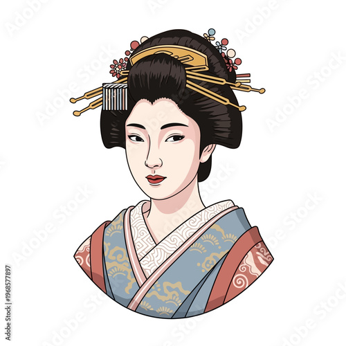 Elegant Japanese Woman Portrait in Traditional Kimono and Hair Ornaments