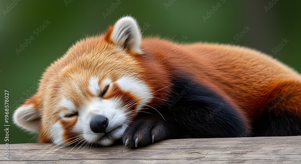 Obraz premium A sleeping red panda rests on a wooden log in soft natural light, suitable for wildlife editorial or conservation projects.