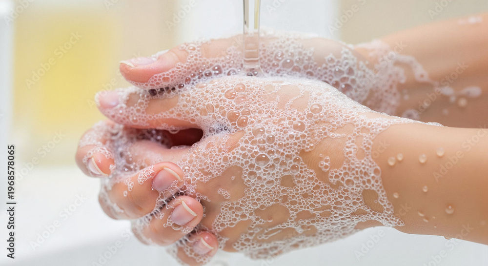 Fototapeta premium Hands washing with soap and water at bathroom sink 