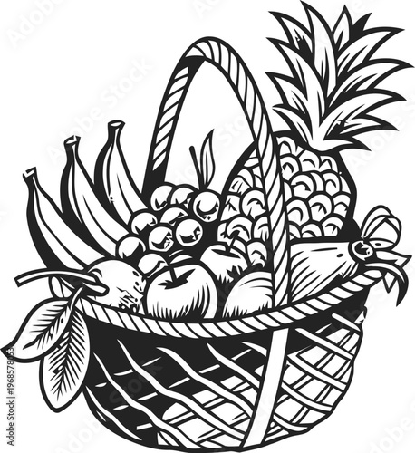 A black and white graphic illustration featuring a leaping tuna fish inside a circular frame