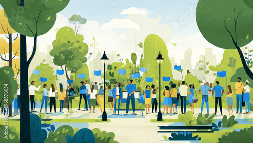 Diverse Group Gathering with Blue Flags in a Green Park Illustration