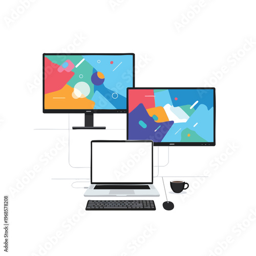 Multiple displays, a laptop, keyboard, mouse, and coffee create a workspace