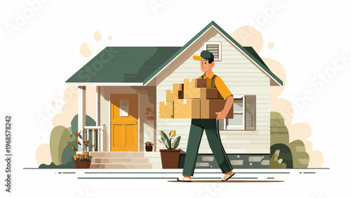 Courier Delivering Cardboard Boxes to a Residential Suburban House