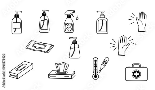 Minimal hygiene disinfection icons PPE sanitizer medical vector illustration set