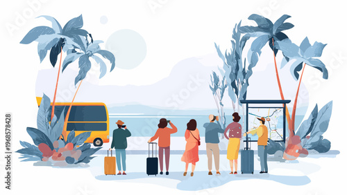 Group of Tourists Arriving at Tropical Destination Illustration
