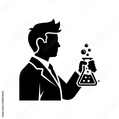 Scientist Holding Flask with Bubbles, Chemistry Lab Icon, Silhouette
