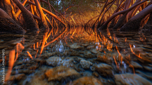 An intimate close-up view of mangrove roots at the shoreline during sunset, the complex tangle of prop roots creating organic arched forms above and below the perfectly still water