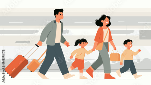 Family of four walking through airport terminal with suitcases