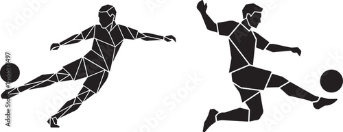 Two abstract soccer players kicking a ball