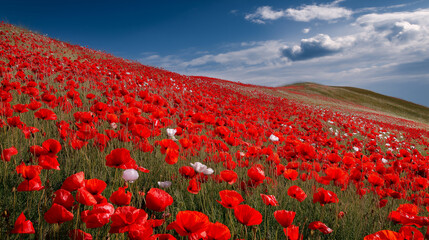 Crédence de cuisine Rouge An undulating hillside completely covered in brilliant blood-red wild poppies swaying gently in a morning breeze under a soft blue sky with scattered white clouds  © Suresh Thangavel