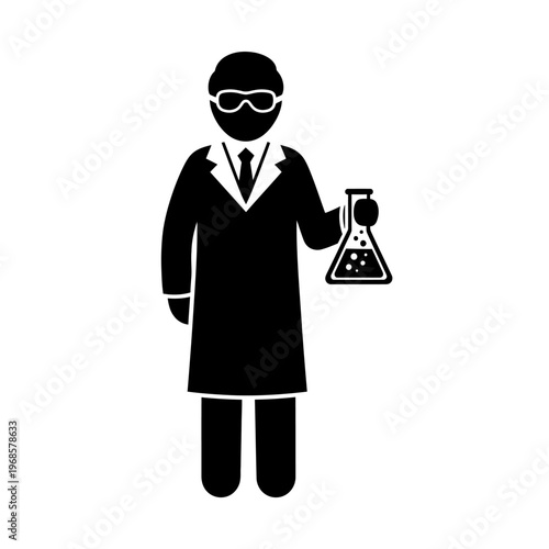 Scientist in Lab Coat Holding Erlenmeyer Flask with Bubbles, Icon Illustration