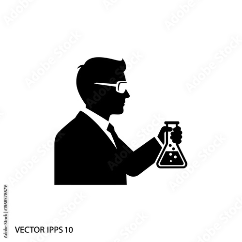 Scientist Silhouette Holding Erlenmeyer Flask with Bubbles - Vector Icon