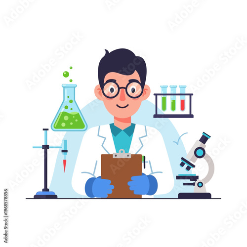 Scientist with Clipboard in Laboratory Surrounded by Scientific Equipment and Experiments