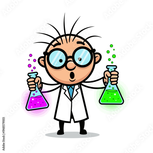 Surprised Cartoon Scientist Holding Flasks with Bubbling Pink and Green Liquids
