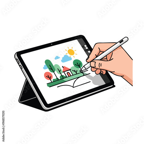 Hand drawing a colorful landscape on a digital tablet with a stylus