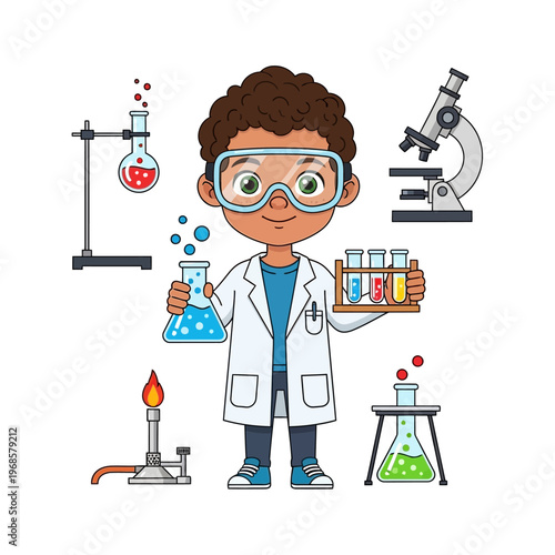 Young Boy Scientist in Lab Coat with Beaker, Test Tubes and Microscope
