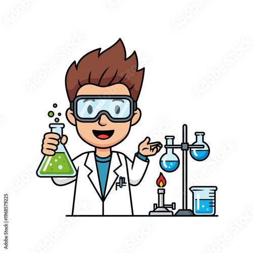 Happy Cartoon Scientist Conducting Chemical Experiment with Green Liquid in Flask