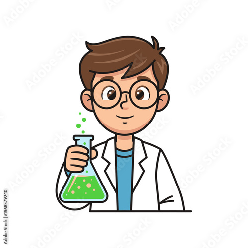 Young scientist boy holding flask with green liquid, cartoon illustration