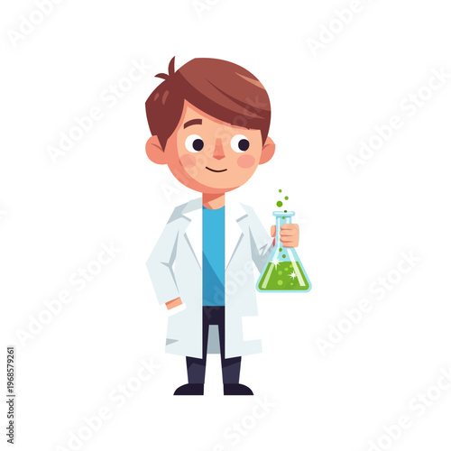 Young Scientist Boy Holding Flask with Green Liquid, Cartoon Style