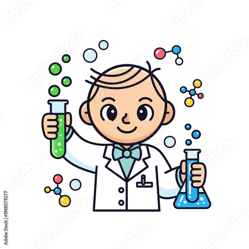 Young Scientist Boy Holding Test Tubes with Bubbles and Molecules