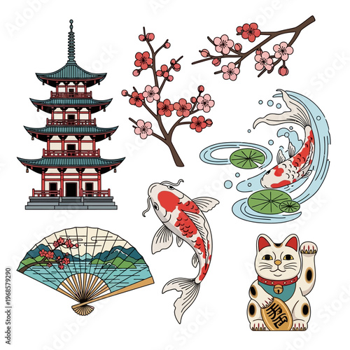 Japanese Culture Elements: Pagoda, Koi Fish, Cherry Blossoms, Maneki Neko, Fan