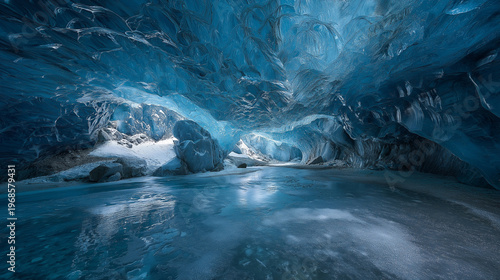 The interior of a magnificent glacial ice cave glowing with ethereal deep blue light, the walls and ceiling formed from ancient compressed ice