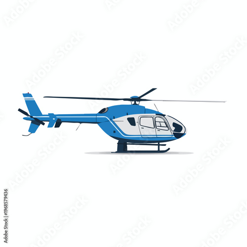 A blue and white helicopter with its blades extended, depicted in a flat, vector style