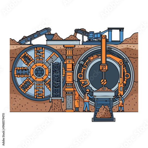 Tunnel boring machine excavation with workers, conveyors, and extracted soil