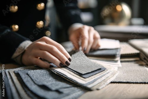 Hands with dark nail polish selecting fabric swatches for interior design or upholstery, close up of textile samples and color options on wooden table.