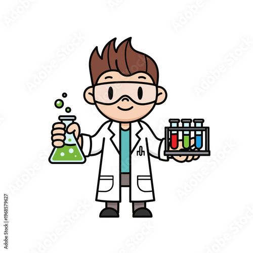 Young Scientist Holding Flask and Test Tubes with Green Liquid