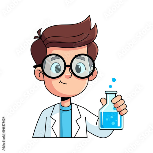 Young Scientist Holding Flask with Bubbling Blue Liquid, Cartoon Character